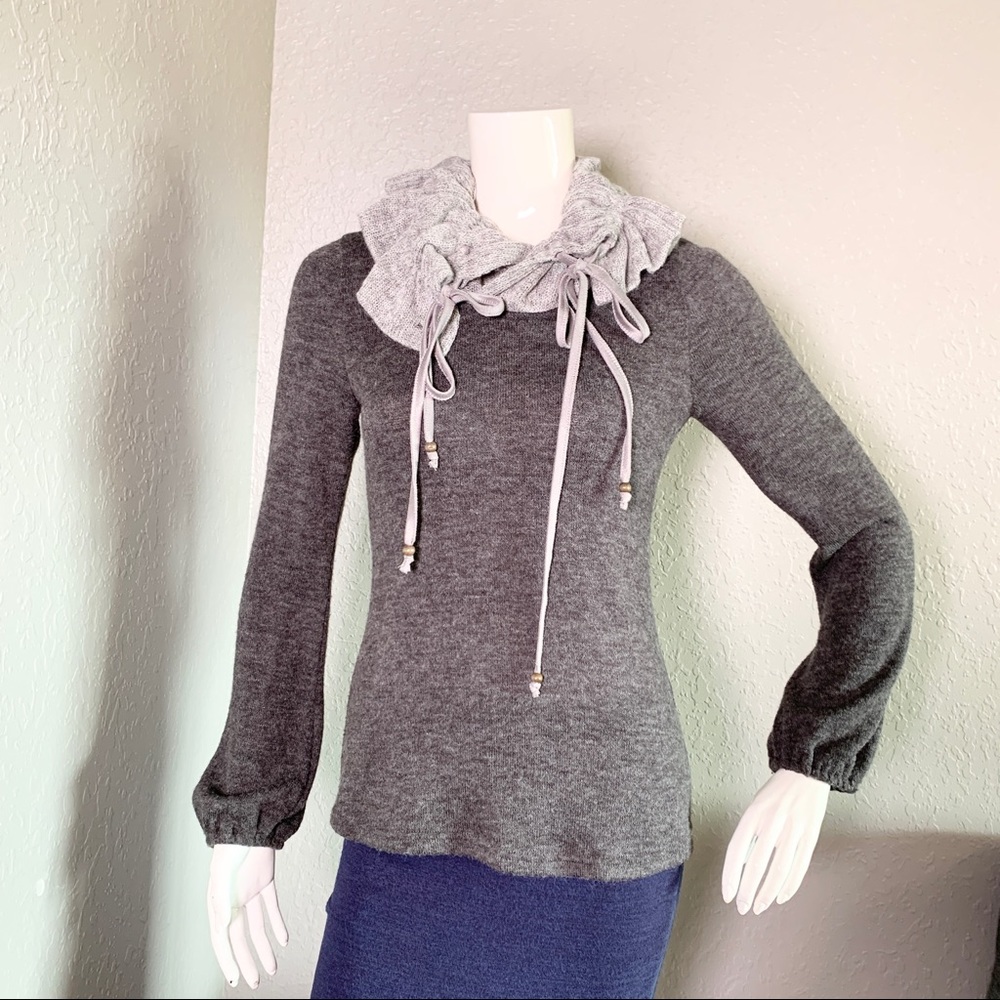 Anthro Ryu Artsy Ruffle Neck Gray Sweater S